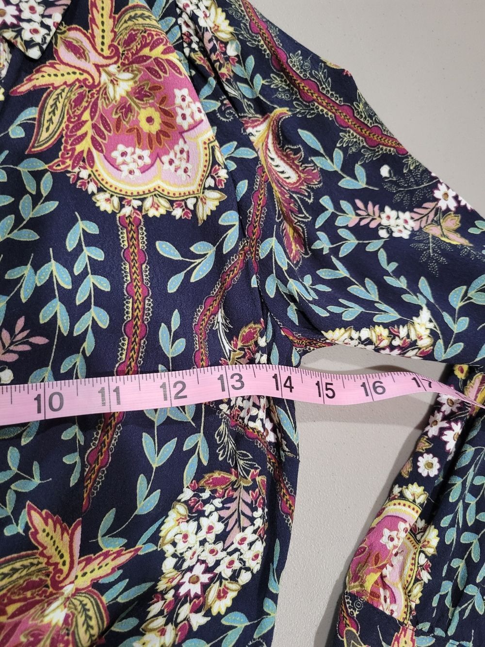 LOFT Paisley Floral Shirtdress Womens 2P Navy Blue Excellent Long Sleeve Midi - Picture 5 of 8